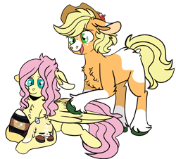 Size: 1256x1137 | Tagged: safe, artist:greyestgray, applejack, fluttershy, oc, oc:tune, hybrid, pony, g4, alternate design, egg, interspecies offspring, offspring, parent:discord, parent:fluttershy, parents:discoshy, simple background, transparent background