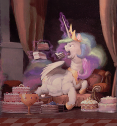 Size: 933x1005 | Tagged: safe, artist:cannibalus, edit, editor:i-shooped-a-pwny, princess celestia, alicorn, pony, g4, cake, cakelestia, caricature, chubbylestia, close enough, cropped, cup, cute, draw me like one of your french girls, eating, ethereal mane, ethereal tail, fat, female, food, funny, funny as hell, goblet, ice cream, levitation, lidded eyes, magic, nailed it, obese, open mouth, painting, prone, solo, tea, teacup, teapot, technically advanced, telekinesis, tongue out