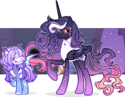 Size: 1735x1352 | Tagged: safe, artist:rerorir, oc, oc only, alicorn, bat pony, pony, female, mare, simple background, size difference, transparent background