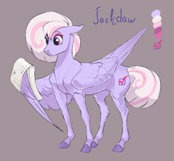 Size: 1395x1287 | Tagged: safe, artist:varwing, oc, oc only, oc:jackdaw, pegasus, pony, female, fit, folded wings, hoers, magical lesbian spawn, mare, offspring, one wing out, paper, parent:fluttershy, parent:twilight sparkle, parents:twishy, slender, solo, thin, wing hands, wing hold, wings