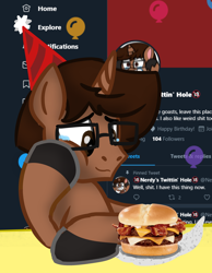 Size: 2352x3026 | Tagged: safe, artist:nerdymexicanunicorn, oc, oc only, oc:nerdy, pony, unicorn, bacon, birthday, burger, cheeseburger, crying, food, glasses, hamburger, hat, high res, male, meat, meta, party hat, solo, tears of joy, twitter, ultimate bacon cheeseburger