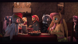 Size: 8000x4500 | Tagged: safe, artist:imafutureguitarhero, applejack, fluttershy, rainbow dash, rarity, sci-twi, starlight glimmer, sunset shimmer, trixie, twilight sparkle, alicorn, pegasus, unicorn, anthro, g4, 3d, absurd file size, absurd resolution, alcohol, arm fluff, beanie, black bars, blushing, chair, chandelier, chromatic aberration, clothes, colored eyebrows, colored eyelashes, commission, commissioner:beanzoboy, cute, dashabetes, denim jacket, dinner, dress, drink, ear fluff, female, film grain, fluffy, food, fork, fur, glass, group, hair bun, hand on chin, hat, hatless, horn, indoors, jacket, knife, leather jacket, lesbian, letterboxing, mare, missing accessory, multicolored hair, multicolored mane, multicolored tail, napkin, napkin holder, napkins, neck fluff, nose wrinkle, open mouth, pepper, restaurant, revamped anthros, revamped ponies, salt, salt and pepper shakers, sci-twilicorn, scratching, ship:flutterdash, ship:rarijack, ship:sci-twishimmer, ship:startrix, ship:sunsetsparkle, shipping, shirt, shoulder fluff, shyabetes, signature, sitting, skirt, smiling, source filmmaker, table, twilight sparkle (alicorn), utensils, wall of tags, wine, wine glass, wings