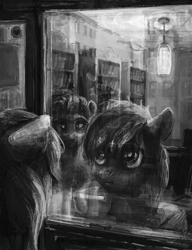 Size: 1380x1799 | Tagged: safe, artist:nemo2d, rainbow dash, rarity, pegasus, pony, unicorn, fanfic:salvation, g4, bookshelf, duo, fanfic art, grayscale, monochrome, reflection, window