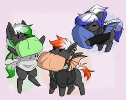 Size: 2500x2000 | Tagged: safe, artist:lionbun, oc, oc:flame, oc:frost, oc:toxic, bat pony, pony, bat pony oc, bat wings, chibi, commission, doodle, high res, mouth hold, pillow, pillow fight, siblings, wings