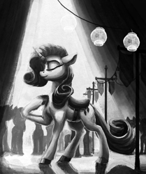 Size: 1380x1653 | Tagged: safe, artist:nemo2d, rarity, pony, unicorn, fanfic:salvation, g4, crowd, eyes closed, fanfic art, female, grayscale, mare, monochrome, raised hoof, saddle, silhouette, solo focus, tack