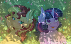 Size: 576x360 | Tagged: safe, artist:twily09, sunset shimmer, twilight sparkle, alicorn, pony, unicorn, g4, cute, duo, duo female, female, grass, green, lesbian, ship:sunsetsparkle, shipping, sun, sunset, tree, twilight sparkle (alicorn), twily, under the tree