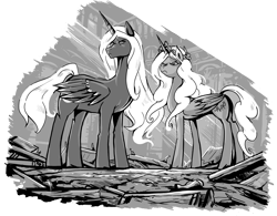 Size: 1380x1074 | Tagged: safe, artist:jowyb, oc, oc only, oc:terra, oc:titan, alicorn, pony, fanfic:the immortal game, alicorn oc, commission, debris, duo, fanfic art, frown, glare, grayscale, horn, monochrome, wings