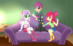 Size: 3939x2512 | Tagged: safe, apple bloom, scootaloo, sweetie belle, oc, oc:beebee, changeling, fanfic:the bug in the basement, equestria girls, g4, spoiler:fanfic, couch, cutie mark crusaders, fanfic art, high res, looking at you, sitting, smiling