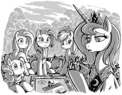 Size: 1380x1074 | Tagged: safe, artist:jowyb, applejack, fluttershy, pinkie pie, princess luna, rarity, alicorn, earth pony, pegasus, pony, unicorn, fanfic:the immortal game, g4, commission, fanfic art, female, figurine, forest, gaming miniature, grayscale, mare, miniature, monochrome, monopoly, s1 luna, sitting