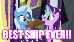 Size: 640x360 | Tagged: safe, edit, edited screencap, screencap, starlight glimmer, trixie, g4, road to friendship, caption, excessive exclamation marks, female, image macro, lesbian, ship:startrix, shipping, text