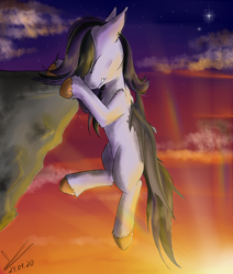 Size: 1070x1259 | Tagged: safe, artist:yuris, oc, oc only, oc:nero, oc:soft, bat pony, pegasus, pony, bat pony oc, bat wings, cliff, solo, sunset, wings