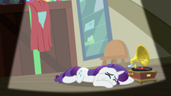 Size: 1920x1080 | Tagged: safe, screencap, rarity, pony, unicorn, dragon dropped, g4, anatomically incorrect, eyes closed, female, incorrect leg anatomy, mare, post office, record player, solo