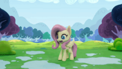 Size: 800x450 | Tagged: safe, screencap, fluttershy, pegasus, pony, g4.5, my little pony: stop motion short, rainy day puddle play, animated, behaving like a dog, cute, eyes closed, female, flutterdog, gif, puddle, shyabetes, solo, stop motion, water, wet, wet-dog shake, wings
