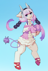 Size: 534x792 | Tagged: safe, artist:orchidpony, pony, bipedal, blue background, clothes, crossover, dress, ear fluff, female, horns, kanna kamui, miss kobayashi's dragon maid, pigtails, ponified, simple background, solo, stockings, thigh highs, twintails