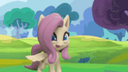 Size: 800x450 | Tagged: safe, screencap, pegasus, pony, g4.5, my little pony: stop motion short, rainy day puddle play, animated, female, gif, grass, licking, licking lips, looking at something, outdoors, solo, stop motion, tongue out, tree, wings