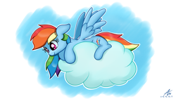 Size: 1920x1080 | Tagged: safe, artist:truffle shine, rainbow dash, pegasus, pony, g4, cloud, cute, dashabetes, female, looking down, mare, on a cloud, prone, sky, smiling, solo, spread wings, wings