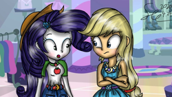 Size: 1280x720 | Tagged: safe, artist:starflashing twinkle, applejack, rarity, equestria girls, g4, my little pony equestria girls: better together, applejack's hat, blushing, body swap, clothes, clothes swap, cowboy hat, crossed arms, eye swap, female, geode of shielding, geode of super strength, hairpin, hat, lesbian, looking at each other, magical geodes, open mouth, ship:rarijack, shipping, skirt, surprised