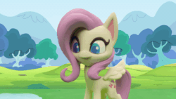 Size: 800x450 | Tagged: safe, screencap, fluttershy, pegasus, pony, g4.5, my little pony: stop motion short, rainy day puddle play, animated, blinking, female, flying away, gif, open mouth, pre sneeze, puddle, sneezing, solo, stop motion, wings