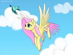 Size: 1280x960 | Tagged: safe, artist:glassygreatart, fluttershy, bird, pegasus, pony, g4, chest fluff, cloud, colored hooves, female, flying, looking up, mare, outdoors, sky, smiling, solo, spread wings, tail feathers, three quarter view, two toned wings, unshorn fetlocks, wings