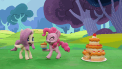 Size: 800x450 | Tagged: safe, screencap, fluttershy, pinkie pie, earth pony, pegasus, pony, g4.5, my little pony: stop motion short, rainy day puddle play, animated, cake, desert, female, food, food on face, gif, knocked silly, mess, pre sneeze, sneezing, stop motion, whoops, wings