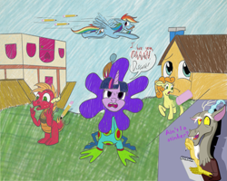 Size: 2023x1619 | Tagged: safe, artist:sixes&sevens, big macintosh, caramel, carrot top, discord, golden harvest, rainbow dash, twilight sparkle, draconequus, dragon, pegasus, pony, g4, angry, confused, dragonified, duck amuck, eraser, facial hair, house, inanimate tf, looney tunes, moustache, pencil, post-transformation, reality warp, species swap, transformation