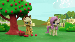 Size: 800x450 | Tagged: safe, screencap, applejack, fluttershy, earth pony, pegasus, pony, g4.5, my little pony: stop motion short, rainy day puddle play, animated, apple, apple tree, applejack's hat, basket, cowboy hat, female, food, gif, hat, hay bale, ladder, pre sneeze, sneezing, stop motion, tree, whoops, wings