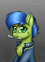 Size: 1144x1584 | Tagged: safe, artist:darklight1315, oc, oc only, oc:scotch tape, earth pony, pony, fallout equestria, fallout equestria: project horizons, chest fluff, clothes, cute, fanfic art, jumpsuit, mouth hold, solo, vault suit, wrench
