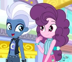 Size: 1080x926 | Tagged: safe, artist:rjp.rammy, night glider, sugar belle, equestria girls, g4, belly button, choker, clothes, curly hair, cute, duo, equestria girls-ified, eyeshadow, female, glideabetes, gloves, jacket, leather, leather jacket, makeup, mall, midriff, open mouth, pants, skirt, sleeveless, sleeveless sweater, spiked choker, sports bra, sugarbetes, sweater, tomboy, vest, wristband