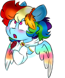 Size: 527x634 | Tagged: safe, artist:honneymoonmlp, derpibooru exclusive, rainbow dash, pegasus, pony, g4, blushing, bouquet, clothes, colored wings, cute, dashabetes, flower, gloves, leaf, multicolored wings, rainbow dash always dresses in style, simple background, white background, wings