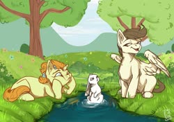 Size: 1280x900 | Tagged: safe, artist:wonderblue, angel bunny, pound cake, pumpkin cake, pegasus, pony, unicorn, g4, brother and sister, cake twins, cheek squish, colt, cute, ear fluff, female, filly, flower, flower in hair, male, older, older pound cake, older pumpkin cake, open mouth, river, siblings, squishy cheeks, stream, the lion king, tree, twins, water