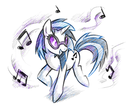 Size: 700x585 | Tagged: safe, artist:faezza, dj pon-3, vinyl scratch, pony, unicorn, g4, female, mare, music notes, simple background, smiling, solo, white background