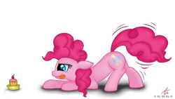 Size: 1920x1080 | Tagged: safe, artist:truffle shine, pinkie pie, earth pony, pony, g4, cupcake, cute, diapinkes, eyes on the prize, female, food, mare, profile, simple background, solo, tail wiggle, tongue out, transparent background