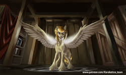 Size: 2008x1200 | Tagged: safe, artist:kirillk, oc, oc only, oc:candice, pegasus, pony, fanfic:twilight's nightmare, crate, fanfic art, female, glowing, glowing wings, hooves, illustration, indoors, magic, magic circle, mare, solo, spread wings, storage, tail, tail feathers, unshorn fetlocks, wings