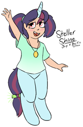 Size: 633x973 | Tagged: safe, artist:heretichesh, oc, oc only, oc:steller shine, pony, satyr, unicorn, clothes, glowstick, offspring, offspring's offspring, parent:oc:jay, parent:pacific glow, pigtails, shirt, simple background, tie dye, white background