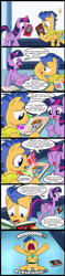 Size: 523x2200 | Tagged: safe, artist:madmax, flash sentry, twilight sparkle, oc, oc:littlepip, alicorn, pony, comic:todos los ponis odian a flash, fallout equestria, g4, book, comic, screaming, spanish, translation, translator:the-luna-fan, twilight sparkle (alicorn)