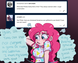 Size: 1280x1040 | Tagged: safe, artist:ask-sunpie, artist:wimsie, pinkie pie, human, tumblr:ask sunpie, g4, ask, blouse, clothes, dialogue, humanized, implied homophobia, implied sunsetpie, pants, scratching, solo