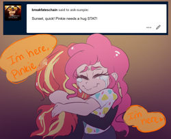 Size: 1280x1040 | Tagged: safe, artist:ask-sunpie, artist:wimsie, pinkie pie, sunset shimmer, human, tumblr:ask sunpie, g4, ask, blouse, clothes, comforting, crying, dialogue, duo, eyes closed, female, hug, humanized, jacket, lesbian, pants, ship:sunsetpie, shipping