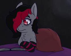 Size: 1264x1000 | Tagged: safe, artist:lazerblues, oc, oc only, oc:miss eri, pony, bags under eyes, black and red mane, blanket, book, chest fluff, clothes, reading, socks, solo, striped socks, two toned mane