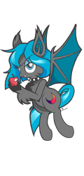 Size: 1080x2259 | Tagged: safe, artist:theratedrshimmer, oc, oc only, oc:yoru doku, bat pony, pony, apple, bat wings, blue eyes, claws, female, food, looking at you, simple background, solo, transparent background, wings
