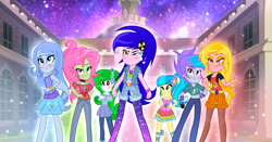 Size: 2553x1333 | Tagged: safe, artist:chlaneyt, artist:lumi-infinite64, artist:ravecrocker, oc, oc only, equestria girls, g4, accessory, base used, bracelet, canterlot high, clothes, group, jewelry, necklace, solo