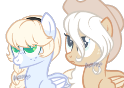Size: 793x562 | Tagged: safe, artist:skulifuck, oc, oc only, oc:snow storm, oc:sugar salt, pegasus, pony, base used, braid, duo, female, freckles, hat, looking up, mare, pegasus oc, simple background, transparent background, wings