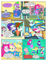 Size: 612x792 | Tagged: safe, artist:greatdinn, artist:newbiespud, edit, edited screencap, screencap, applejack, fluttershy, pinkie pie, rainbow dash, rarity, spike, dog, comic:friendship is dragons, equestria girls, g4, my little pony equestria girls, animal ears, backpack, boots, clothes, collaboration, comic, dancing, dialogue, eyes closed, female, grin, humane five, male, necktie, one eye closed, radio, screencap comic, shoes, smiling, spike the dog, wink