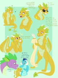 Size: 1280x1707 | Tagged: safe, artist:pastel-charms, princess ember, spike, oc, oc:cinder, dragon, fly, insect, g4, female, offspring, parent:princess ember, parent:spike, parents:emberspike, scroll, sunglasses