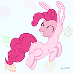 Size: 1600x1600 | Tagged: safe, artist:thunderdasher07, pinkie pie, earth pony, pony, g4, abstract background, animal costume, bunny costume, clothes, costume, diaper, diaper fetish, diaper under clothes, easter, easter egg, female, fetish, holiday, mare, non-baby in diaper, poofy diaper, pronking, smiling, solo
