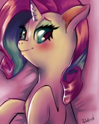 Size: 819x1024 | Tagged: safe, artist:pudutoast, rarity, pony, unicorn, g4, bust, chest fluff, cute, drawing, female, horn, on back, painting, portrait, raribetes, smiling, solo