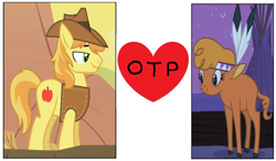Size: 768x449 | Tagged: safe, edit, edited screencap, screencap, braeburn, little strongheart, bison, buffalo, earth pony, pony, g4, over a barrel, clothes, female, male, meme, otp, ship:braeheart, shipping, stallion, straight, tipi