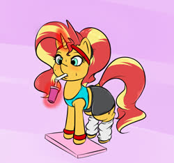 Size: 800x750 | Tagged: safe, artist:albertbm, sunset shimmer, pony, unicorn, g4, clothes, cute, dock, drink, drinking, exercise, female, leg warmers, shimmerbetes, solo, sweat, sweatband, wristband
