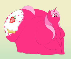 Size: 3000x2500 | Tagged: safe, artist:lupin quill, oc, oc only, oc:strawberry cupcake, pony, unicorn, belly, big belly, bingo wings, butt, chubby cheeks, double chin, fat, freckles, high res, huge butt, impossibly large belly, impossibly large butt, large butt, morbidly obese, near immobile, obese, plot, rolls of fat, simple background, smiling
