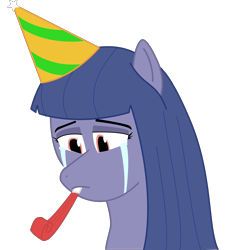 Size: 4620x5087 | Tagged: safe, artist:the luna fan, derpibooru exclusive, oc, oc only, oc:cosmia nebula, pony, crying, hat, party hat, party horn, sad, simple background, solo, teary eyes, transparent background