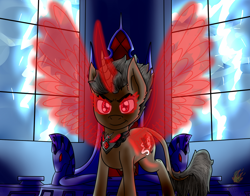 Size: 1012x793 | Tagged: safe, artist:midnightfire1222, oc, oc only, oc:saffron shadow, pony, unicorn, alicorn amulet, commission, lightning, solo, spectral horn, spectral wings, throne